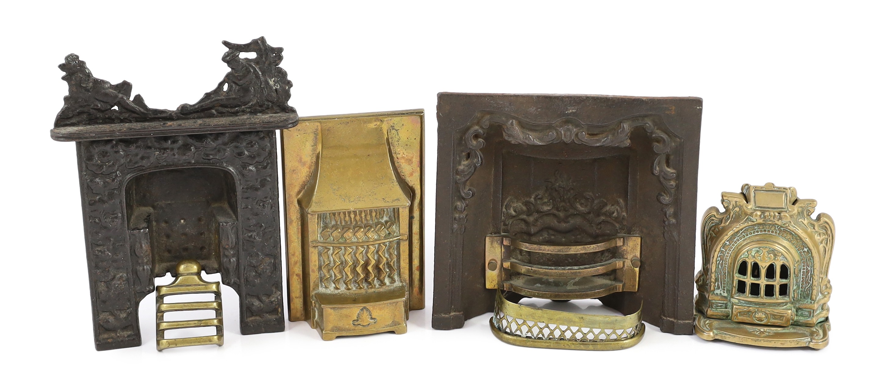 Two Victorian cast iron fire grate models, and two cast brass fire grate models, largest 8in. wide